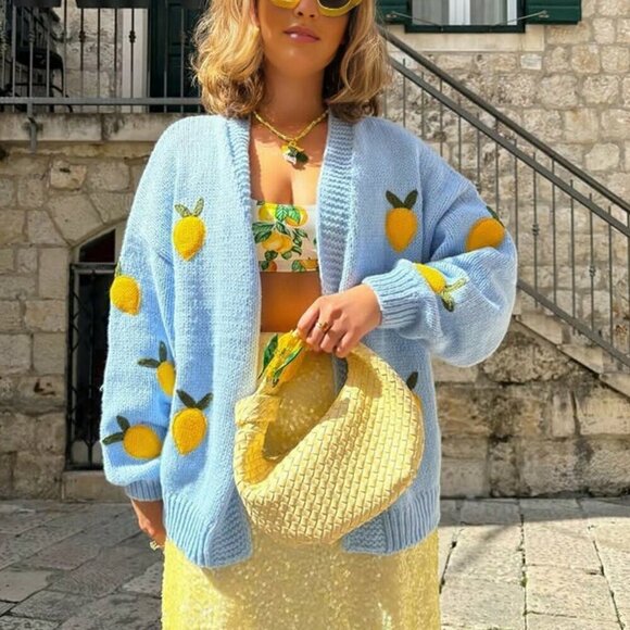 Sweaters - Baby Blue Casual Women's Lemon Pattern V-Neck Long Sleeve Knitted Cardigan